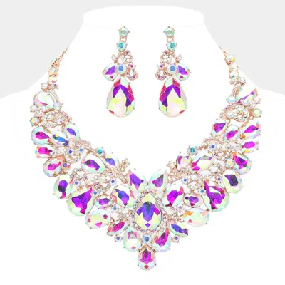 Fashnzfab Teardrop Stone Embellished Statement Evening Necklace In Pink