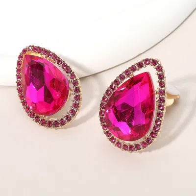 Fashnzfab Teardrop Stone Evening Clip On Earrings - Fuchsia, Gold In Pink
