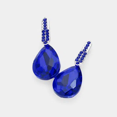 Fashnzfab Teardrop Stone Evening Earrings - Rhodium, Sapphire In Blue