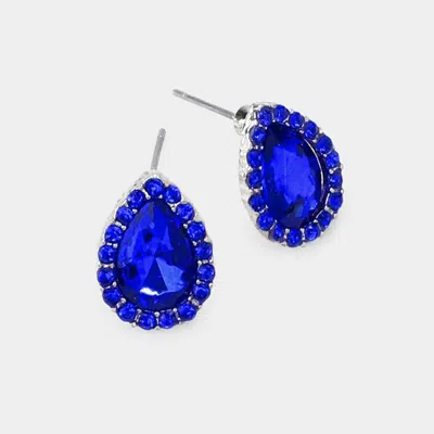 Fashnzfab Teardrop Stone Evening Stud Earrings - Rhodium, Sapphire In Blue