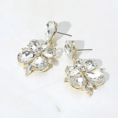 Fashnzfab Teardrop Stone Flower Dangle Evening Earrings - Clear, Gold