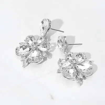Fashnzfab Teardrop Stone Flower Dangle Evening Earrings - Clear, Silver