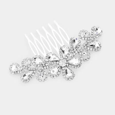 Fashnzfab Teardrop Stone Flower Leaf Hair Comb In Silver