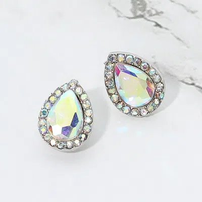 Fashnzfab Teardrop Stone Halo Evening Stud Earrings In Silver