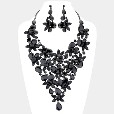 Fashnzfab Teardrop Stone Leaf Cluster Vine Statement Evening Necklace In Black