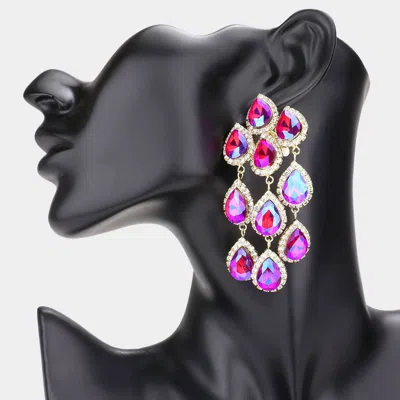 Fashnzfab Teardrop Stone Link Dangle Clip On Evening Earrings In Pink