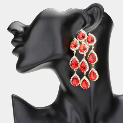Fashnzfab Teardrop Stone Link Dangle Clip On Evening Earrings In Red