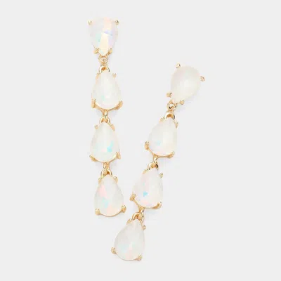 Fashnzfab Teardrop Stone Link Dangle Evening Earrings - Opal, White