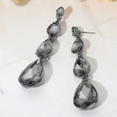 Fashnzfab Teardrop Stone Link Dangle Evening Earrings Black, Black Diamond In Silver