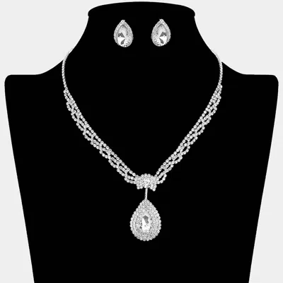 Fashnzfab Teardrop Stone Pendant Accented Rhinestone Pave Necklace Clip On Earring Set In Black