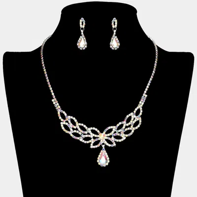 Fashnzfab Teardrop Stone Pendant Pointed Rhinestone Paved Necklace 15" + 3.5" L In Metallic