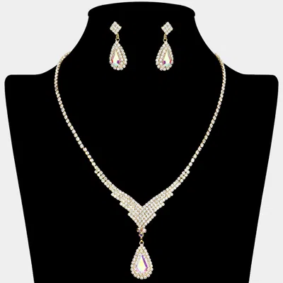 Fashnzfab Teardrop Stone Pendant Pointed Rhinestone Paved Necklace In Metallic