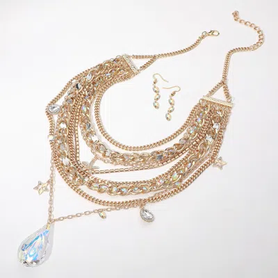 Fashnzfab Teardrop Stone Pendant Pointed Star Starfish Charm Embellished Multi Layered Statement Necklace In Gold