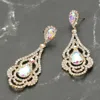 Fashnzfab Teardrop Stone Point Rhinestone Paved Rose Evening Earrings In Blue