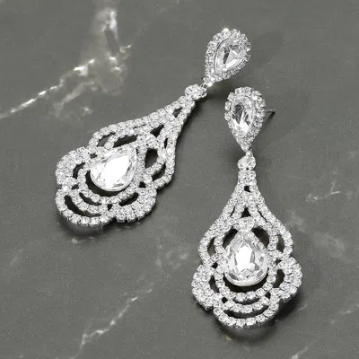 Fashnzfab Teardrop Stone Point Rhinestone Paved Rose Evening Earrings In Metallic