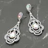 Fashnzfab Teardrop Stone Point Rhinestone Paved Rose Evening Earrings In Silver