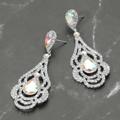 Fashnzfab Teardrop Stone Point Rhinestone Paved Rose Evening Earrings In Silver