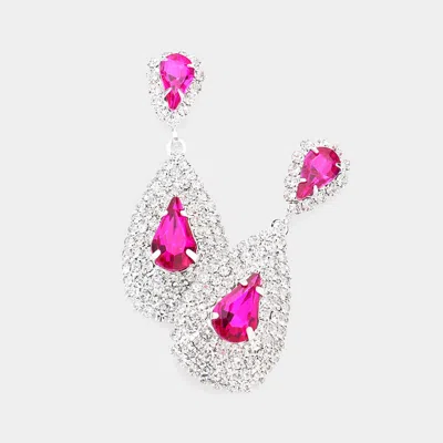 Fashnzfab Teardrop Stone Pointed Cluster Dangle Evening Earrings - Fuchsia, Rhodium In Metallic