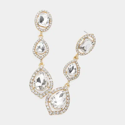 Fashnzfab Teardrop Stone Pointed Dropdown Dangle Evening Earrings - Clear, Gold