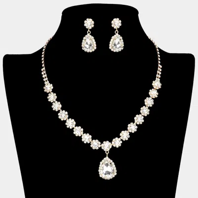 Fashnzfab Teardrop Stone Pointed Flower Rhinestone Paved Necklace In Gold