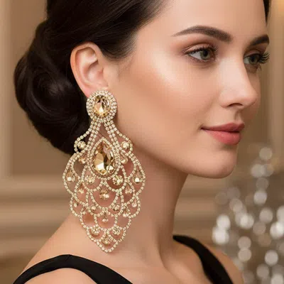 Fashnzfab Teardrop Stone Pointed Over Sized Chandelier Evening Earrings Gold, Topaz