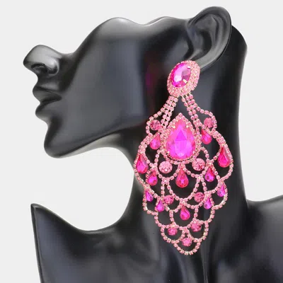 Fashnzfab Teardrop Stone Pointed Over Sized Chandelier Evening Earrings In Pink