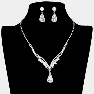 Fashnzfab Teardrop Stone Pointed Pearl Rhinestone Paved Necklace In Silver