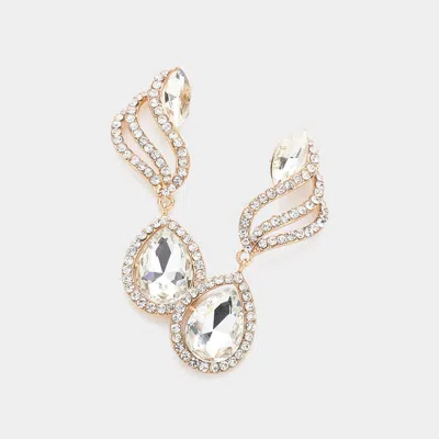 Fashnzfab Teardrop Stone Pointed Rhinestone Paved Dangle Evening Earrings - Clear, Gold