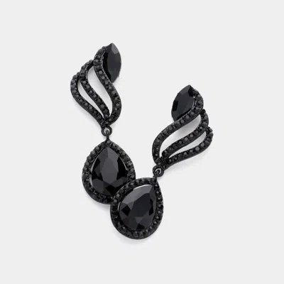 Fashnzfab Teardrop Stone Pointed Rhinestone Paved Dangle Evening Earrings - Jet Black