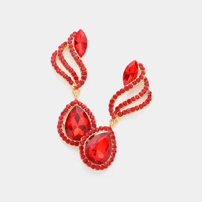 Fashnzfab Teardrop Stone Pointed Rhinestone Paved Dangle Evening Earrings - Red