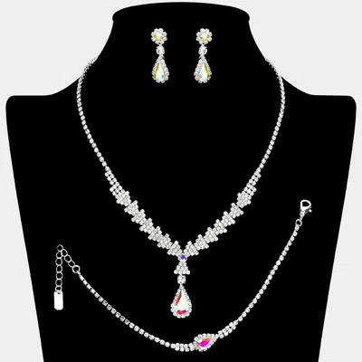 Fashnzfab Teardrop Stone Pointed Rhinestone Paved Necklace Jewelry Set In Silver