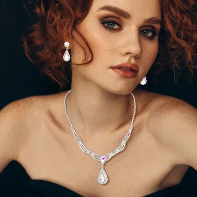 Fashnzfab Teardrop Stone Pointed Rhinestone Paved Necklace In Multi