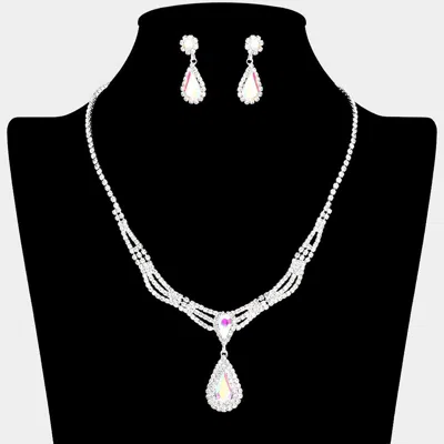 Fashnzfab Teardrop Stone Pointed Rhinestone Paved Necklace In Silver