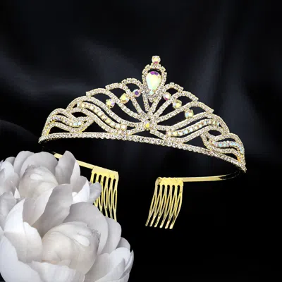 Fashnzfab Teardrop Stone Pointed Rhinestone Paved Princess Tiara 2" In Gold