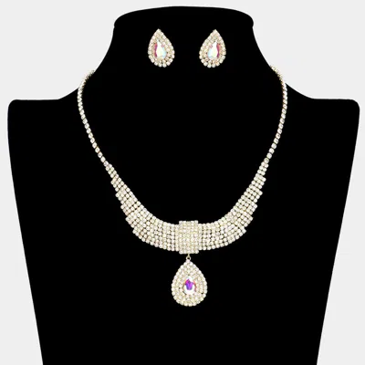Fashnzfab Teardrop Stone Pointed Rhinestone Paved U Shaped Necklace 14" + 3.5" In Multi