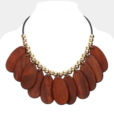 Fashnzfab Teardrop Wood Beaded Statement Necklace In Brown