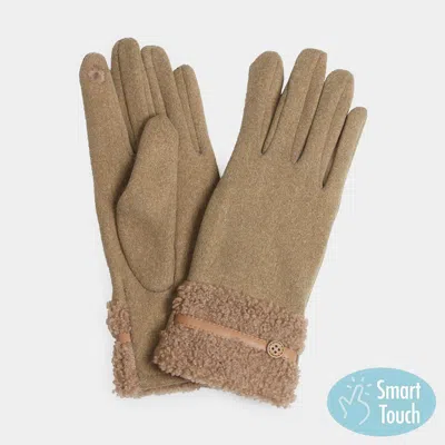 Fashnzfab Teddy Faux Fur Cuff Touch Smart Gloves In Sand
