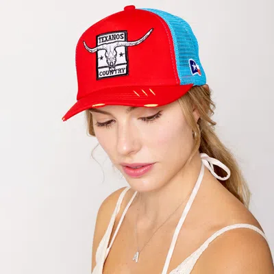 Fashnzfab Texanos Country Message Texas Steer Head Embroidered Mesh Back Trucker Hat In Red