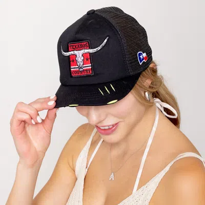 Fashnzfab Texanos Country Message Texas Steer Head Embroidered Mesh Back Trucker Hat In Black