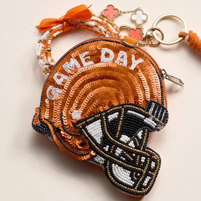 Fashnzfab Texans Game Day Football Helmet Sequin Seed Beaded Knot Keychain Mini Pouch Bag In Multi