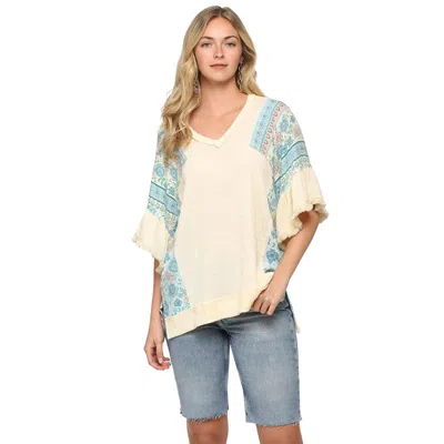 Fashnzfab Texture Knit And Print Mixed Hi Low Hem Top In Multi