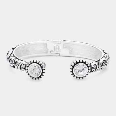 Fashnzfab Textured Antique Metal Round Stone Tip Hinged Cuff Bracelet Antique Silver, Clear In Multi