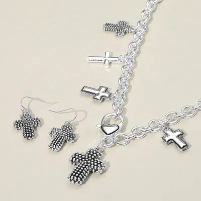 Fashnzfab Textured Chunky Metal Cross Pendant Charm Necklace - Antique Silver In Multi