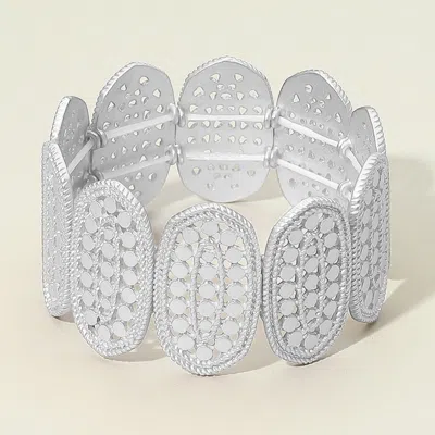 Fashnzfab Textured Cut Out Oval Panel Wide Stretch Bracelet In Silver