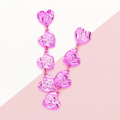 Fashnzfab Textured Heart Link Dropdown Earrings - Pink