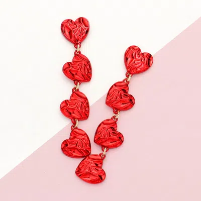 Fashnzfab Textured Heart Link Dropdown Earrings - Red