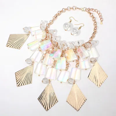 Fashnzfab Textured Metal Acrylic Plate Ball Beaded Chandelier Statement Necklace In Gold