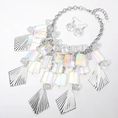 Fashnzfab Textured Metal Acrylic Plate Ball Beaded Chandelier Statement Necklace In Multi