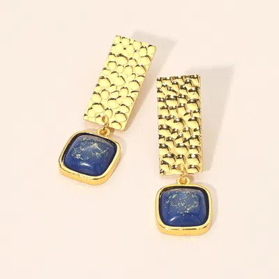 Fashnzfab Textured Metal Bar Square Stone Cluster Drop Earrings Blue, Gold