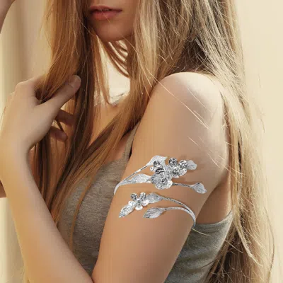 Fashnzfab Textured Metal Boho Floral Vine Adjustable Arm Cuff Bracelet Rhodium In Silver